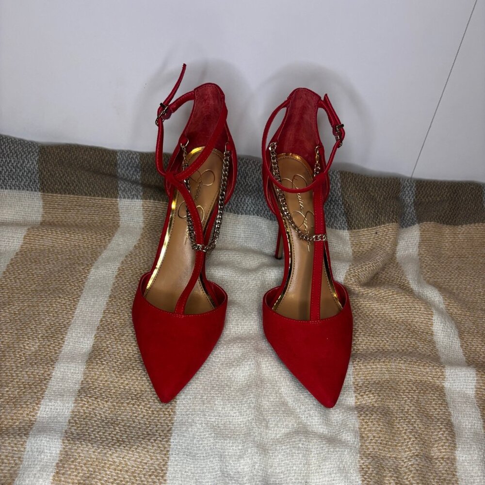 Jessica Simpson Red Pumps – 4" Heel – Chain Detail – Used – Like NEW